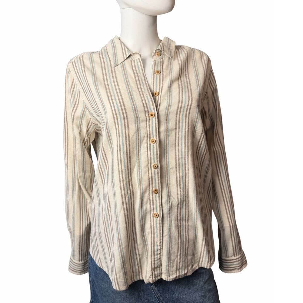 XIRENA Blue Cream Striped Crochet Detail Long Sleeve Button-Down Size S
